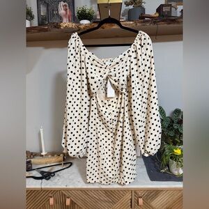 NWT Line & Dot Cream Polka Dot Long Sleeve Cut Out Tie-Front Dress